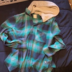 Plaid button up with hood